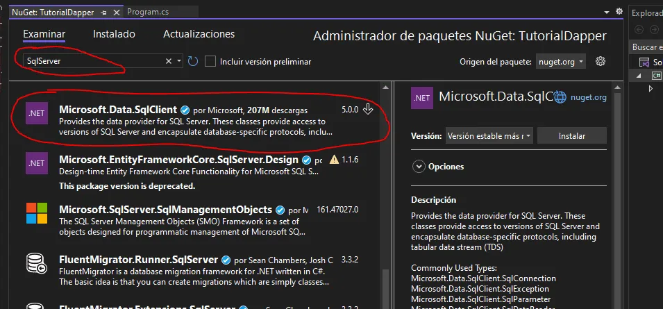 7 tutorial dapper instalar sqlclient