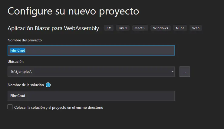 Creación del proyecto Blazor Web Assembly paso 2
