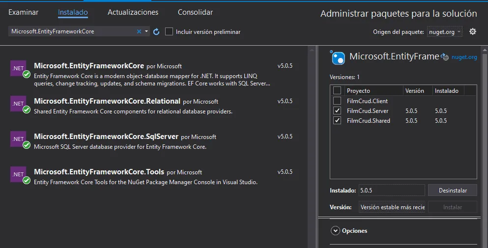Instalación de paquetes Nuget