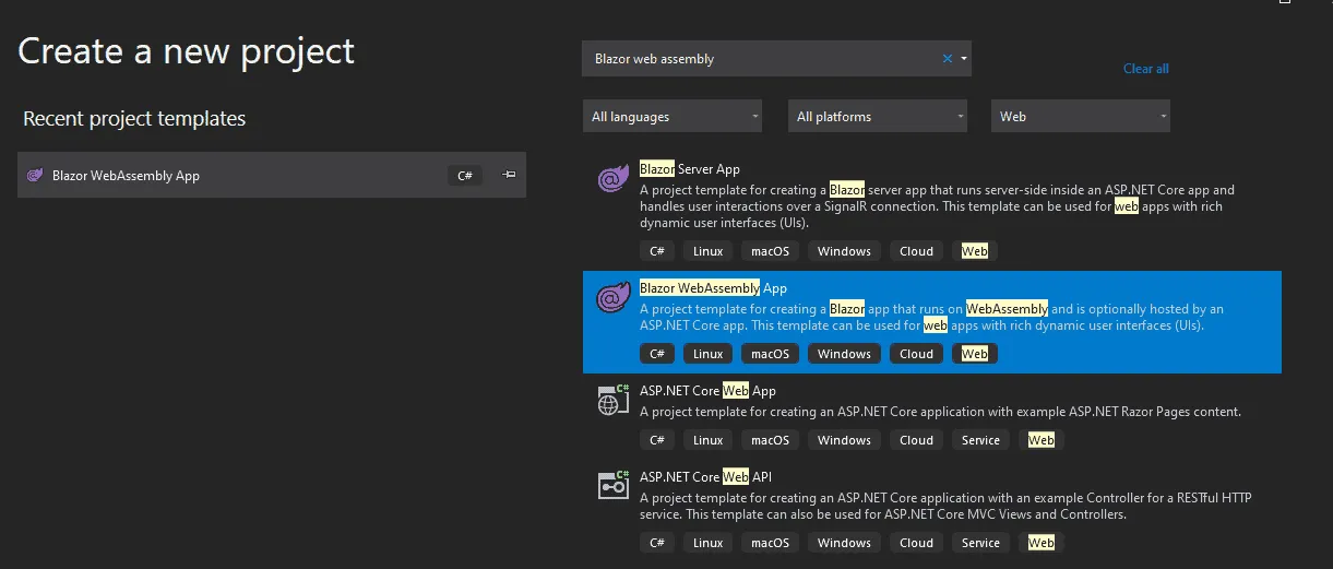 Creación del proyecto Blazor Web Assembly paso 1
