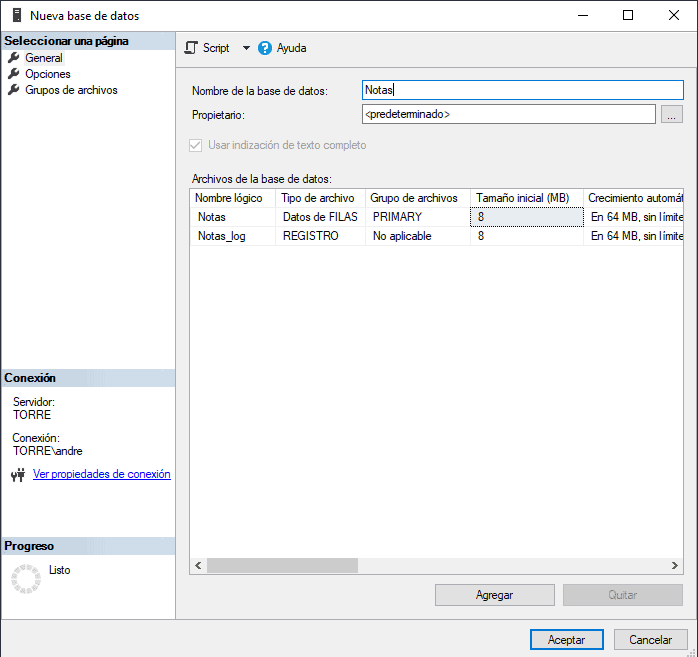 Crear base de datos en SQL Server