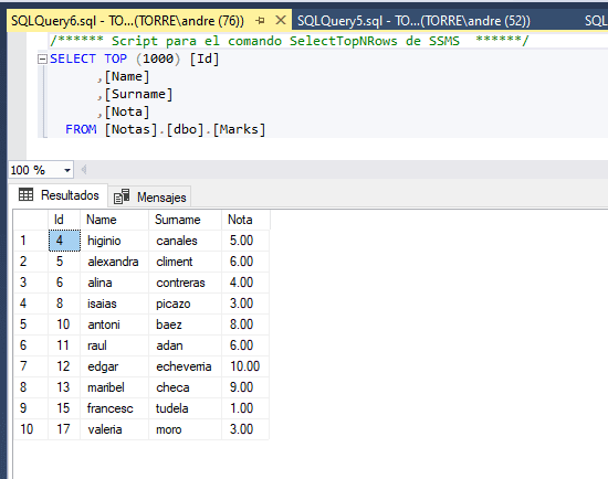 Tabla Marks con datos de ejemplo