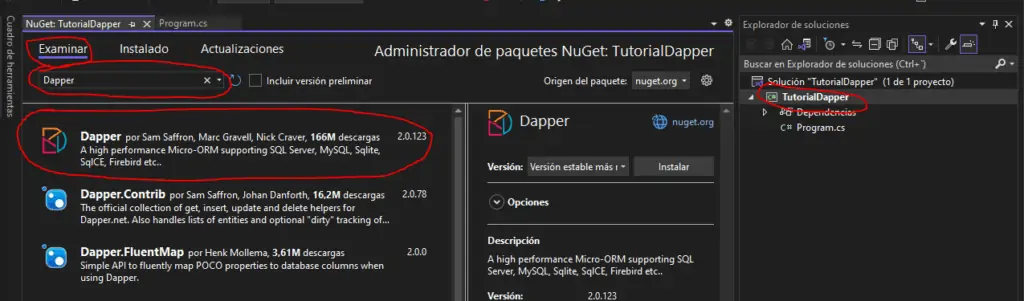 Instalar paquete Dapper desde NuGet