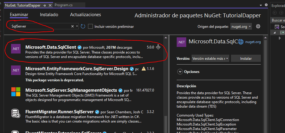 Instalar Microsoft.Data.SqlClient desde NuGet