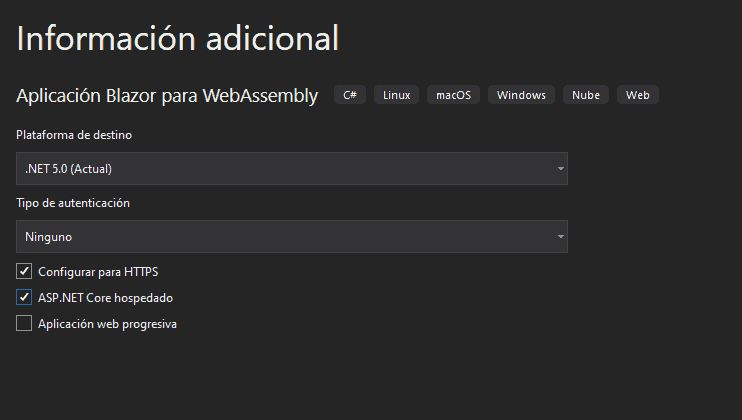 Opciones del proyecto Blazor