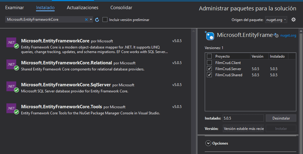 Instalar paquetes NuGet de Entity Framework Core
