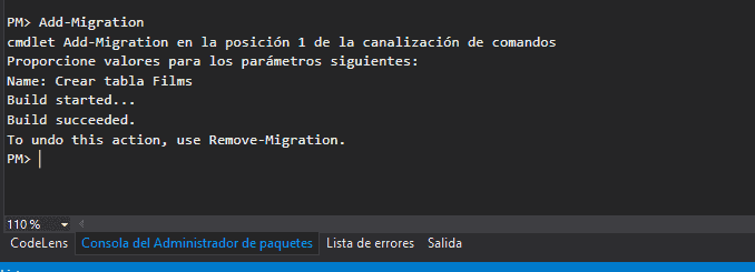 Crear la migración desde la consola de paquetes