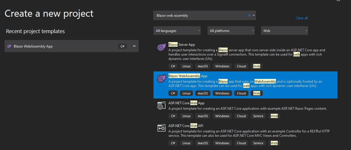 Crear proyecto Blazor WebAssembly